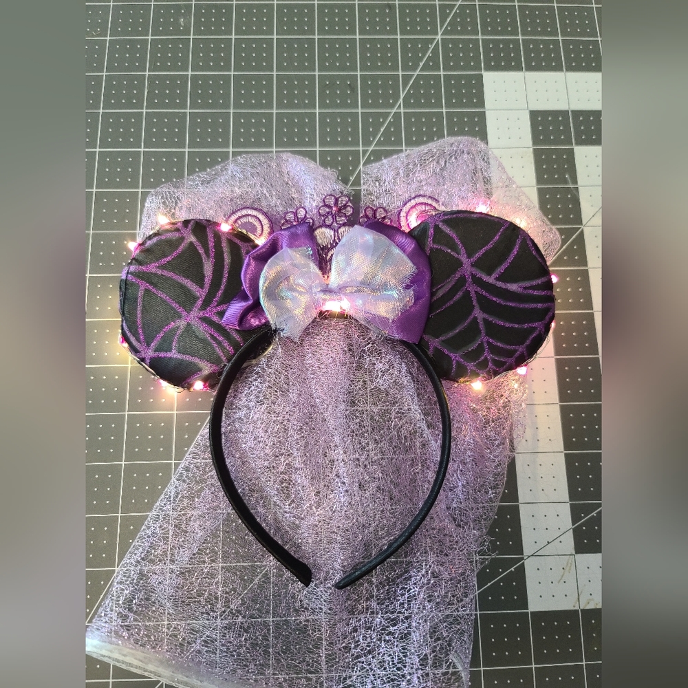 Custom light up purple Halloween spiderweb minnie ears bridal glow in dark